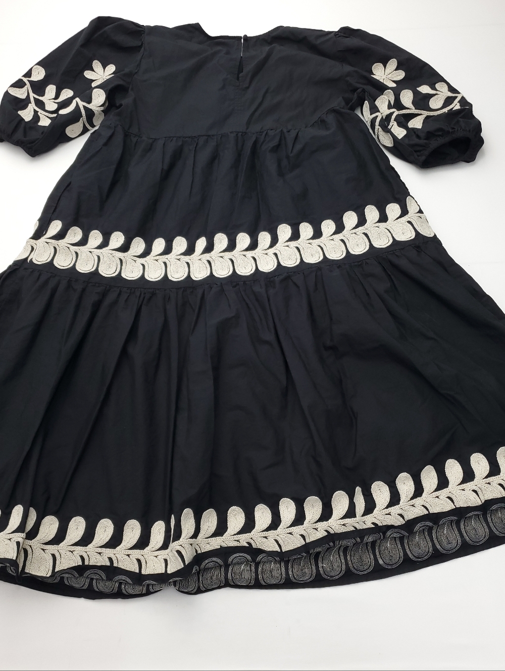 Anthropologie Embroidered Puff-Sleeve Black Midi Dress Boho Relaxed Cotton Sz LP - Picture 10 of 13
